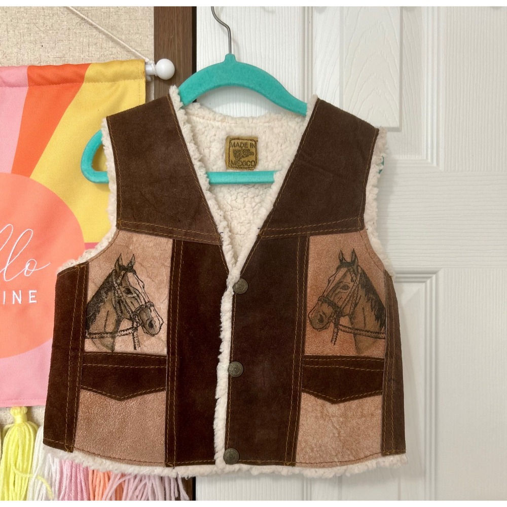 Vintage Kids Western Suede Vest Faux Shearling Lined Horse Graphic Brown Mexico